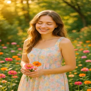 Haar glimlach straalt vreugde uit terwijl ze een handvol bloemen vasthoudt, omringd door kleurrijke bloemen die bloeien in diverse tinten.